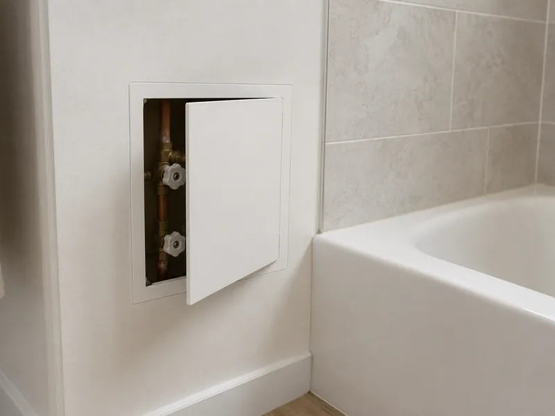 Flush access panel opened in a finished wall, exposing tub shutoff valves