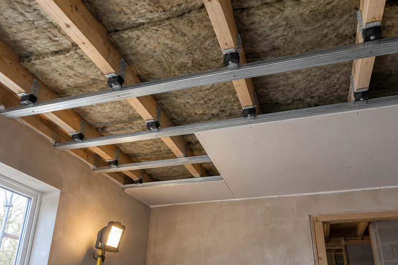 Isolation clips and channel fixed under ceiling joists packed with mineral wool