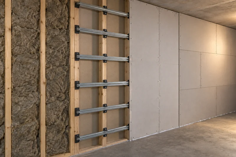 A soundproof wall opened to show wool, clips and channel, and two offset layers of board