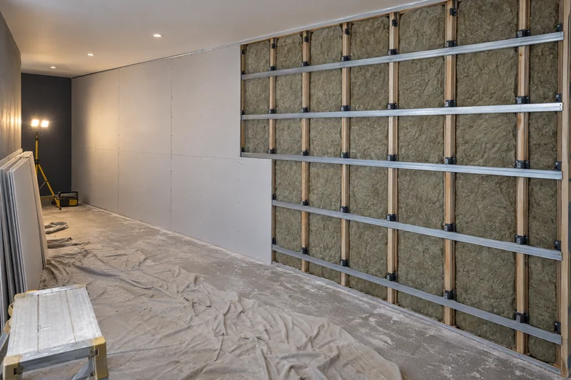 A long wall lined with isolation clips and channel, board hung across half its run