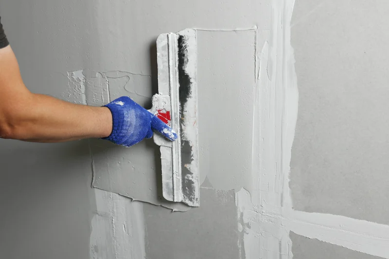 Gloved hand skimming joint compound over a wall patch with a taping knife