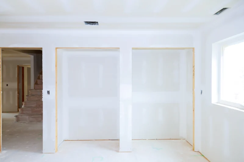 Taped room with framed door openings before finishing