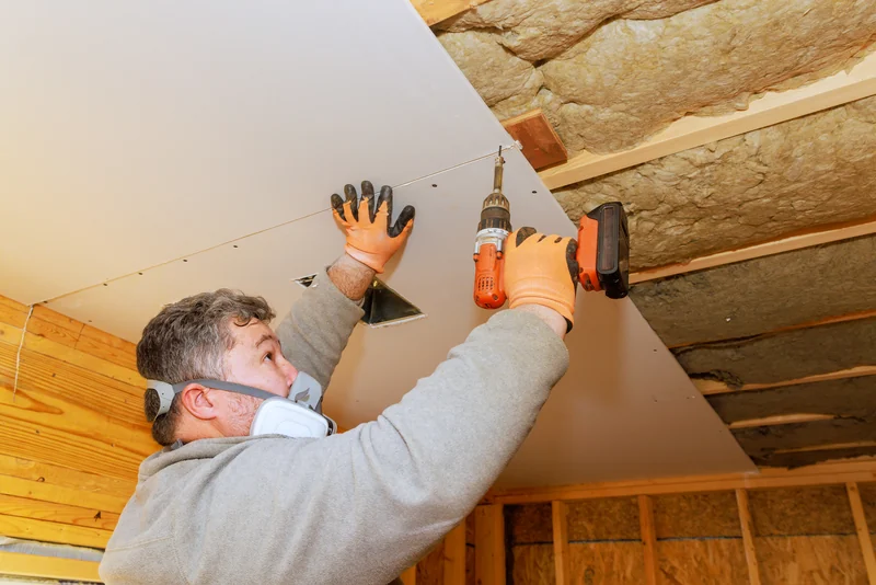 Worker screwing ceiling board to the joists with insulation above