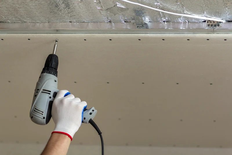 Drill driving a screw into a finished ceiling