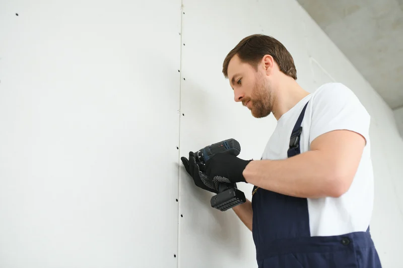 Worker running a screwgun along a visible line of fasteners