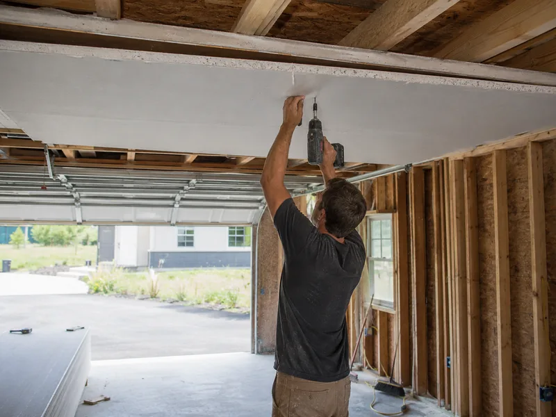 Gypsum board fastened to the ceiling of an attached garage