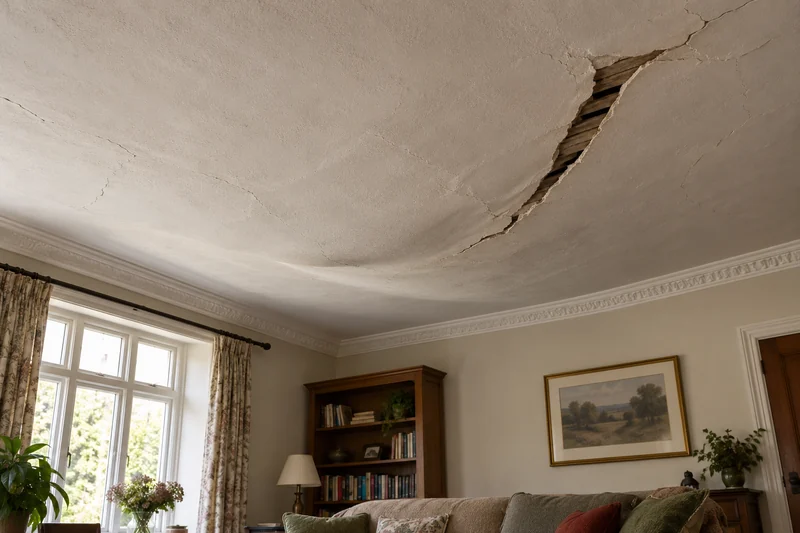 Plaster ceiling bellied away from the joists with a crack opening along one side