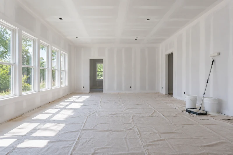 Large room primed throughout with pails and a roller standing at one end