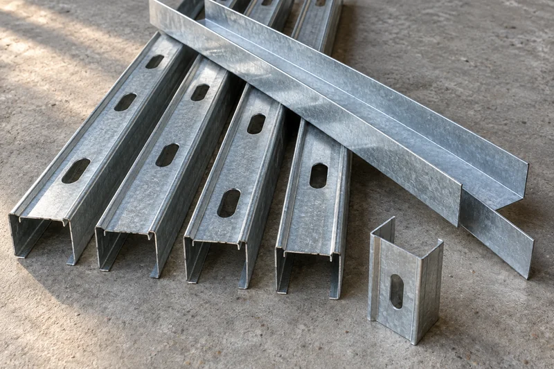 Steel studs with punched webs laid beside lengths of unpunched track