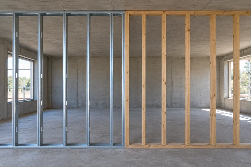 Steel and timber framing meeting in the same wall run