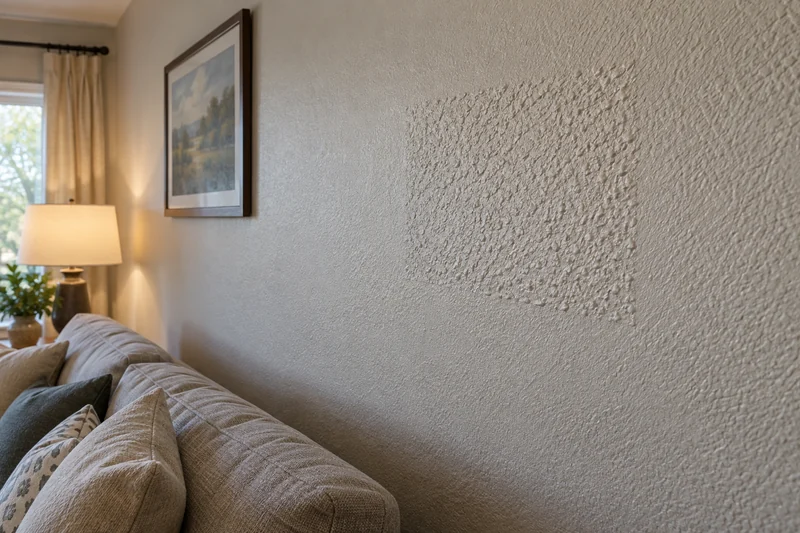 Repaired area sprayed with a coarser texture than the wall around it