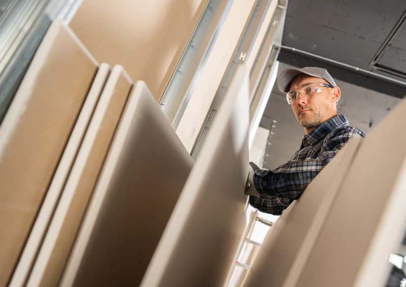 Worker moving a stack of drywall sheets on a cart