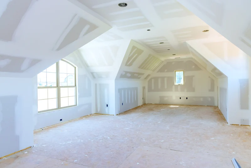 Vaulted dormer ceiling taped and finished in an unpainted room