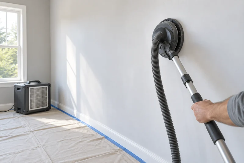 Vacuum-shrouded pole sander at a primed wall with an air scrubber running