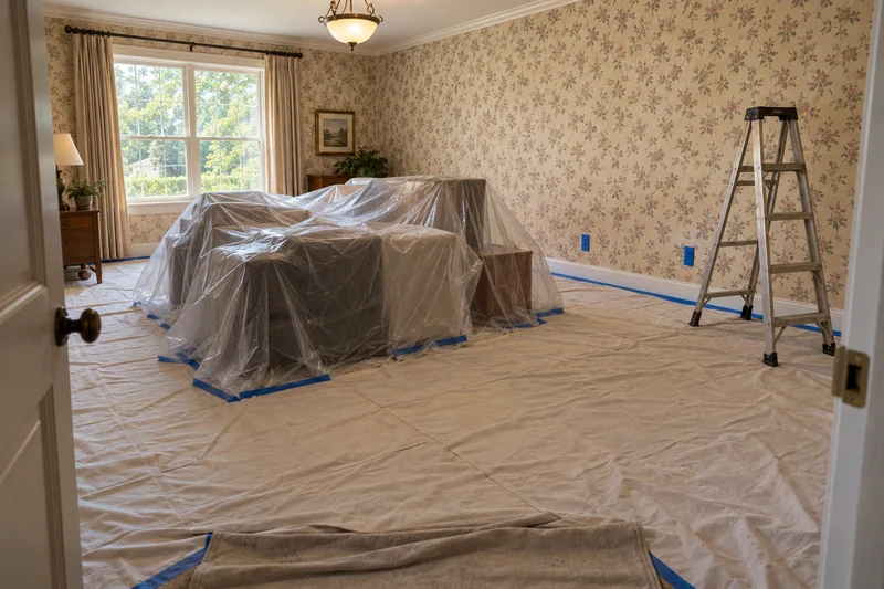 Furniture tented and floors taped down before wallpaper stripping begins