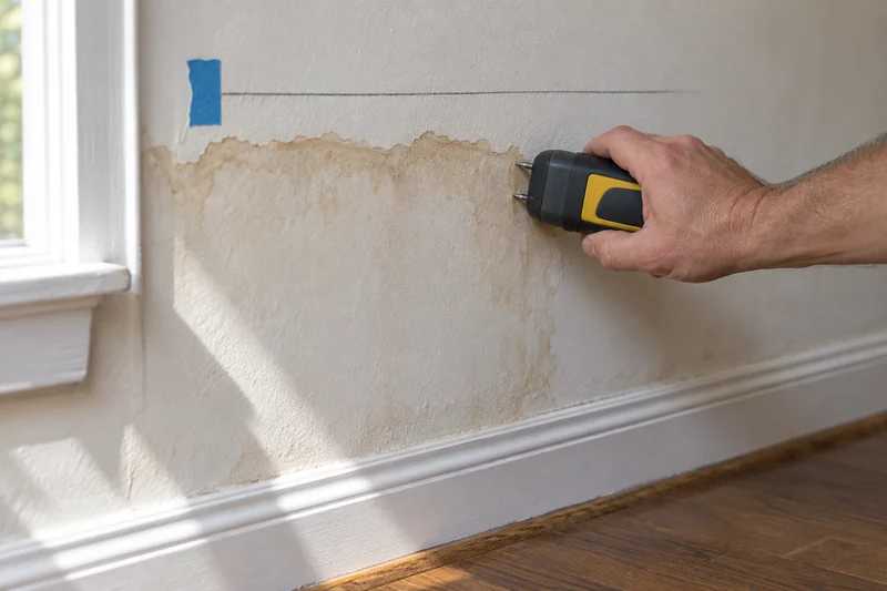 Moisture meter held to a stained wall below a pencil line marking the cut