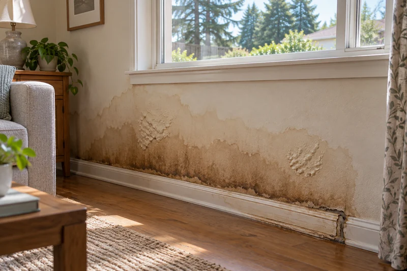 Water stain spreading up a wall from the baseboard with the paint blistered